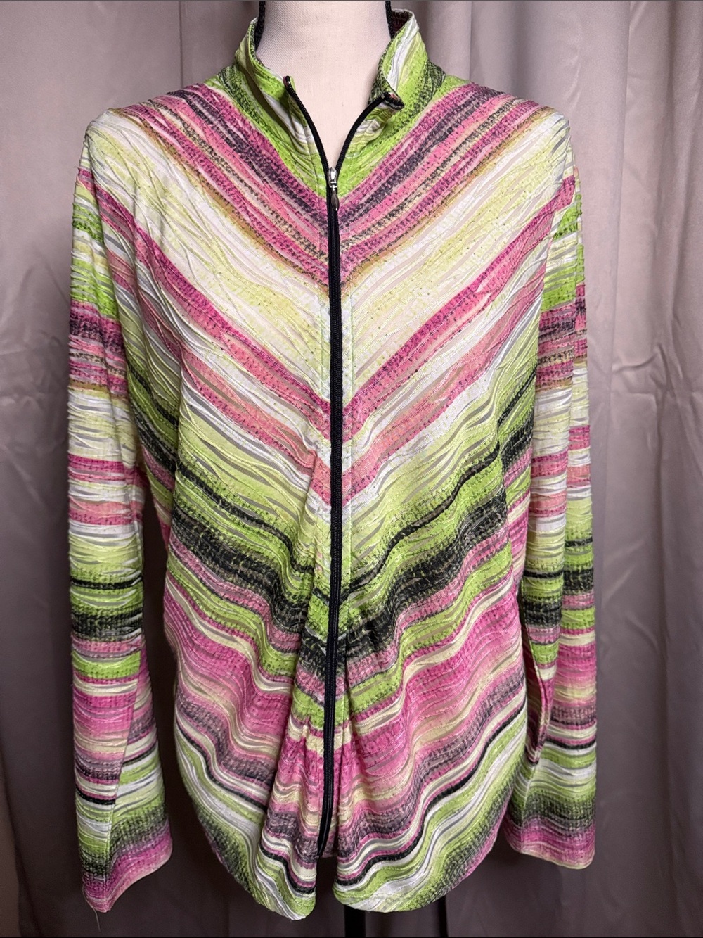erin london Pink Green Striped Zip-Front Blouse